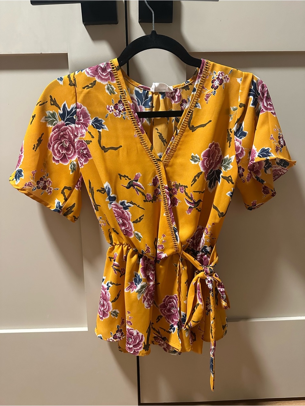 Sienna Sky Mustard Yellow Floral Wrap Peplum Blouse